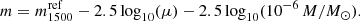 $$ \begin{aligned} m = m_{1500}^{\mathrm{ref}} -2.5\log _{10}(\mu ) - 2.5\log _{10}(10^{-6}\, {M}/{M_\odot }). \end{aligned} $$