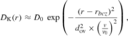 $$ \begin{aligned} D_{\rm K} (r) \approx D_0 \; \exp \left(-\frac{(r-r_{bcz})^2}{d_{\rm ov}^2 \times \left({\frac{{v}}{{v}_0}}\right)^2}\right) , \end{aligned} $$