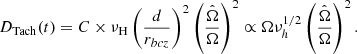 $$ \begin{aligned} D_{\rm {Tach}}(t) = C \times \nu _{\rm H} \left(\frac{d}{r_{bcz}}\right)^2 \left(\frac{\hat{\Omega }}{\Omega }\right)^2 \propto \Omega \nu _h^{1/2}\left(\frac{\hat{\Omega }}{\Omega }\right)^2. \end{aligned} $$
