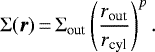 \begin{equation*} \Sigma(\vec{r}) \,{=}\,\Sigma_{\textrm{out}} \left(\frac{r_{\textrm{out}}}{r_{\textrm{cyl}}} \right)^p.\end{equation*}