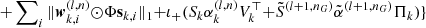 $ \qquad \qquad \qquad \qquad \qquad \qquad \qquad + \sum\nolimits_i \| {\boldsymbol{w}}_{k,i}^{(l,n)} \odot \Phi \mathbf{s}_{k,i} \|_1 + \iota_+(S_k \alpha_k^{(l,n)} V_k^\top + \tilde{S}^{(l+1,n_G)} \tilde{\alpha}^{(l+1,n_G)} \Pi_k) \} $