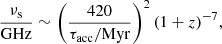 $$ \begin{aligned} \frac{\nu _{\rm s}}{\mathrm{GHz}} \sim \left( \frac{420}{\tau _{\rm acc}/{\mathrm{Myr}}} \right)^2 (1+z)^{-7}, \end{aligned} $$