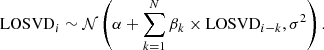 $$ \begin{aligned} \mathrm{LOSVD}_i\sim {\mathcal{N} }\left(\alpha + \sum _{k=1}^{N}\beta _k\times \mathrm{LOSVD}_{i-k},\sigma ^2\right). \end{aligned} $$
