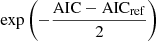 $$ \begin{aligned} \exp \left(-\frac{\mathrm{AIC-AIC_{ref}}}{2}\right) \end{aligned} $$