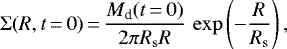 \begin{equation*}\Sigma(R, t\,{=}\,0)\,{=}\,\frac{M_{\textrm{d}}(t\,{=}\,0)}{2\pi R_{\mathrm{s}} R}\,\exp\left(-\frac{R}{R_{\mathrm{s}}} \right), \end{equation*}