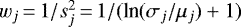 $w_j\,{=}\,1/s_j^2\,{=}\,1/(\textrm{ln}(\sigma_j / \mu_j) + 1)$