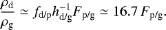 \begin{equation*} \frac{\rho_{\textrm{d}}}{\rho_{\textrm{g}}} \simeq f_{\textrm{d/p}} h_{\textrm{d/g}}^{-1} F_{\textrm{p/g}} \simeq 16.7 \, F_{\textrm{p/g}}.\end{equation*}
