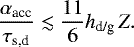 \begin{equation*} \frac{\alpha_{\textrm{acc}}}{\tau_{\textrm{s,d}}} \lesssim \frac{11}{6}h_{\textrm{d/g}} \,Z.\end{equation*}