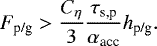\begin{align*} F_{\textrm{p/g}} & > \frac{C_{\eta}}{3} \frac{\tau_{\textrm{s,p}}}{\alpha_{\textrm{acc}}} h_{\textrm{p/g}}.\end{align*}