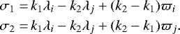\begin{equation*} \begin{split} \sigma_1 =&\, k_1 \lambda_i - k_2 \lambda_j + (k_2-k_1) \varpi_i \\ \sigma_2 =&\, k_1 \lambda_i - k_2 \lambda_j + (k_2-k_1) \varpi_j. \end{split} \end{equation*}