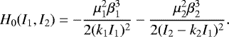 \begin{equation*}H_0(I_1,I_2)=-\frac{\mu_1^2 \beta_1^3}{2(k_1I_1)^2} - \frac{\mu_2^2 \beta_2^3}{2(I_2-k_2I_1)^2}. \end{equation*}