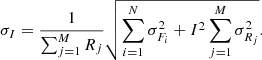 $$ \begin{aligned} \sigma _I = \frac{1}{\sum ^M_{j=1} R_j} \sqrt{\sum ^N_{i=1} \sigma _{F_i}^2 + I^2 \sum ^M_{j=1} \sigma _{R_j}^2}. \end{aligned} $$