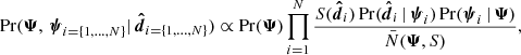 $$ \begin{aligned} {\begin{aligned} \mathrm{Pr} (\boldsymbol{\Psi }, \, \boldsymbol{\psi }_{i=\{1,\ldots ,N\}} | \, \boldsymbol{\hat{d}}_{i=\{1,\ldots ,N\}} ) \propto \mathrm{Pr} (\boldsymbol{\Psi }) \prod _{i=1}^N \frac{S(\boldsymbol{\hat{d}}_i) \, \mathrm{Pr} (\boldsymbol{\hat{d}}_i \, | \, \boldsymbol{\psi }_{i}) \, \mathrm{Pr} (\boldsymbol{\psi }_{i} \, | \, \boldsymbol{\Psi })}{\bar{N}(\boldsymbol{\Psi },S)}, \end{aligned}}\end{aligned} $$