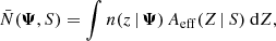 $$ \begin{aligned} \bar{N}(\boldsymbol{\Psi },S) = \int n(z \, | \, \boldsymbol{\Psi })\,A_\mathrm{eff} (Z \, | \, S)~\mathrm{d} Z, \end{aligned} $$