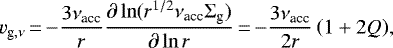 \begin{align*}v_{\textrm{g},\nu} &\,{=}\, {-}\frac{3\nu_{\textrm{acc}}}{r} \frac{\partial \ln (r^{1/2} \nu_{\textrm{acc}} \Sigma_{\textrm{g}})}{\partial \ln r}\,{=}\,{-}\frac{3\nu_{\textrm{acc}}}{2r} \left(1+ 2Q \right) \!, \end{align*}