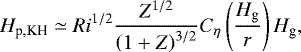 \begin{equation*} H_{\textrm{p,KH}} \simeq Ri^{1/2} \frac{Z^{1/2}}{ \left(1+Z \right)^{3/2} } C_{\eta} \left(\frac{H_{\textrm{g}}}{r} \right) H_{\textrm{g}},\end{equation*}