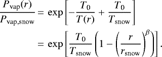\begin{align*} \frac{P_{\textrm{vap}}(r)}{P_{\textrm{vap,snow}}} &\,{=}\,\exp \left[ -\frac{T_{\textrm{0}}}{T(r)} + \frac{T_{\textrm{0}}}{T_{\textrm{snow}}} \right] \nonumber \\ &\,{=}\,\exp \left[ \frac{T_{\textrm{0}}}{T_{\textrm{snow}}} \left(1 - \left(\frac{r}{r_{\textrm{snow}}} \right)^{\beta} \right) \right]. \end{align*}