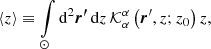 $$ \begin{aligned} \langle z \rangle \equiv \int \limits _{\odot } \mathrm{d} ^2\boldsymbol{{r^{\prime }}}\, \mathrm{d} {z}\, \mathcal{K} ^{\alpha }_{\alpha } \left(\boldsymbol{r}^{\prime }, z; z_0\right) z, \end{aligned} $$