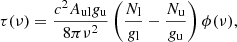 $$ \begin{aligned} \tau (\nu )= \frac{c^2A_{\rm ul}g_{\rm u}}{8\pi \nu ^2}\left(\frac{N_{\rm l}}{g_{\rm l}}-\frac{N_{\rm u}}{g_{\rm u}}\right) \phi (\nu ) ,\end{aligned} $$