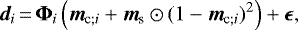 \begin{equation*} {\vec d}_i\,{=}\,\boldsymbol{\Phi}_i \left({\vec m}_{\textrm{c};i} + {\vec m}_{\textrm{s}} \odot (1-{\vec m}_{\textrm{c};i})^2 \right) + \bm{\epsilon},\end{equation*}