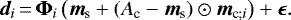 \begin{equation*} {\vec d}_i\,{=}\,\boldsymbol{\Phi}_i \left({\vec m}_{\textrm{s}} + (A_{\textrm{c}} - {\vec m}_{\textrm{s}}) \odot {\vec m}_{\textrm{c};i} \right) + \bm{\epsilon}.\end{equation*}