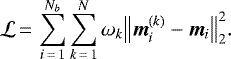 \begin{equation*} \mathcal{L}\,{=}\,\sum_{i\,{=}\,1}^{N_b} \sum_{k\,{=}\,1}^N \omega_k {\left\lVert{{\vec m}_i^{(k)} - {\vec m}_i}\right\rVert}_2^2. \end{equation*}