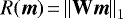 $R({\vec m})\,{=}\,{\left\lVert{\mathbf{W} {\vec m}}\right\rVert}_1$