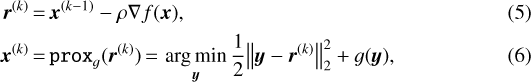 \begin{align} {\vec r}^{(k)} &\,{=}\,{\vec x}^{(k-1)} - \rho \nabla f({\vec x}),\\ {\vec x}^{(k)} &\,{=}\,\texttt{prox}_{g}({\vec r}^{(k)})\,{=}\,\argmin_{{\vec y}} \frac{1}{2} {\left\lVert{{\vec y} - {\vec r}^{(k)}}\right\rVert}^2_2 + g({\vec y}), \end{align}