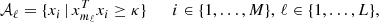 $$ \begin{aligned} \mathcal{A} _\ell = \{{x_i}\,|\,x_{m_\ell }^T x_i \ge \kappa \} \qquad i\in \{1,\ldots ,M\},\, \ell \in \{1,\ldots ,L\}, \end{aligned} $$