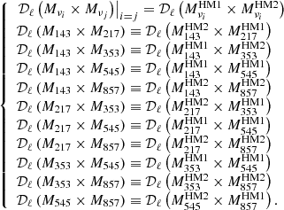 $$ \begin{aligned} \left\{ \begin{array}{l} \left.\mathcal{D} _\ell \left(M_{\nu _i}\times M_{\nu _j}\right)\right|_{i=j}=\mathcal{D} _\ell \left(M_{\nu _i}^\mathrm{HM1}\times M_{\nu _i}^\mathrm{HM2}\right) \\ \mathcal{D} _\ell \left(M_{143}\times M_{217}\right)\equiv \mathcal{D} _\ell \left(M_{143}^\mathrm{HM2}\times M_{217}^\mathrm{HM1}\right)\\ \mathcal{D} _\ell \left(M_{143}\times M_{353}\right)\equiv \mathcal{D} _\ell \left(M_{143}^\mathrm{HM1}\times M_{353}^\mathrm{HM2}\right)\\ \mathcal{D} _\ell \left(M_{143}\times M_{545}\right)\equiv \mathcal{D} _\ell \left(M_{143}^\mathrm{HM1}\times M_{545}^\mathrm{HM1}\right)\\ \mathcal{D} _\ell \left(M_{143}\times M_{857}\right)\equiv \mathcal{D} _\ell \left(M_{143}^\mathrm{HM2}\times M_{857}^\mathrm{HM2}\right)\\ \mathcal{D} _\ell \left(M_{217}\times M_{353}\right)\equiv \mathcal{D} _\ell \left(M_{217}^\mathrm{HM2}\times M_{353}^\mathrm{HM1}\right)\\ \mathcal{D} _\ell \left(M_{217}\times M_{545}\right)\equiv \mathcal{D} _\ell \left(M_{217}^\mathrm{HM1}\times M_{545}^\mathrm{HM1}\right)\\ \mathcal{D} _\ell \left(M_{217}\times M_{857}\right)\equiv \mathcal{D} _\ell \left(M_{217}^\mathrm{HM2}\times M_{857}^\mathrm{HM2}\right)\\ \mathcal{D} _\ell \left(M_{353}\times M_{545}\right)\equiv \mathcal{D} _\ell \left(M_{353}^\mathrm{HM1}\times M_{545}^\mathrm{HM1}\right)\\ \mathcal{D} _\ell \left(M_{353}\times M_{857}\right)\equiv \mathcal{D} _\ell \left(M_{353}^\mathrm{HM2}\times M_{857}^\mathrm{HM2}\right)\\ \mathcal{D} _\ell \left(M_{545}\times M_{857}\right)\equiv \mathcal{D} _\ell \left(M_{545}^\mathrm{HM2}\times M_{857}^\mathrm{HM1}\right). \end{array} \right. \end{aligned} $$