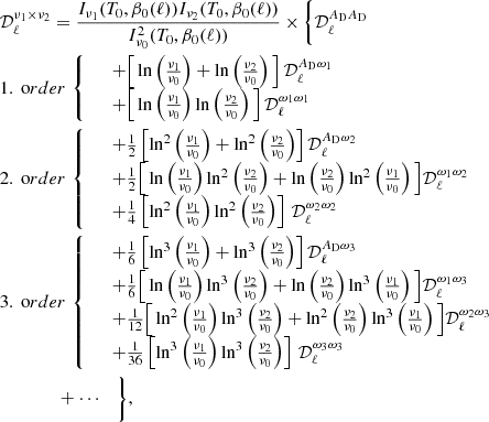 $$ \begin{aligned}&\mathcal{D} _\ell ^{\nu _1\times \nu _2} = \frac{I_{\nu _1}(T_0,{\beta }_{0}(\ell )) I_{\nu _2}(T_0,{\beta }_{0}(\ell ))}{I^2_{\nu _0}(T_0,{\beta }_{0}(\ell ))} \times \bigg \{ \mathcal{D} _{\ell }^{{A_{\rm D}}{A_{\rm D}}} \nonumber \\&{1.\ \mathrm order}\; {\left\{ \begin{array}{ll}&+\Big [ \ln \left(\frac{\nu _1}{\nu _0}\right) + \ln \left(\frac{\nu _2}{\nu _0}\right) \Big ] \,\mathcal{D} _{\ell }^{{A_{\rm D}}{\omega _{1}}} \\&+\Big [ \ln \left(\frac{\nu _1}{\nu _0}\right) \ln \left(\frac{\nu _2}{\nu _0}\right) \Big ] \,\mathcal{D} _{\ell }^{{\omega _{1}}{\omega _{1}}} \end{array}\right.} \nonumber \\&{2.\ \mathrm order}\; {\left\{ \begin{array}{ll}&+ \frac{1}{2} \left[ \ln ^2\left(\frac{\nu _1}{\nu _0}\right) + \ln ^2\left(\frac{\nu _2}{\nu _0}\right) \right] \mathcal{D} _{\ell }^{{A_{\rm D}}{\omega _{2}}} \\&+ \frac{1}{2} \Big [ \ln \left(\frac{\nu _1}{\nu _0}\right) \ln ^2\left(\frac{\nu _2}{\nu _0}\right) + \ln \left(\frac{\nu _2}{\nu _0}\right) \ln ^2 \left(\frac{\nu _1}{\nu _0}\right) \Big ] \mathcal{D} _{\ell }^{{\omega _{1}} {\omega _{2}}} \\&+\frac{1}{4} \left[\ln ^2 \left(\frac{\nu _1}{\nu _0}\right) \ln ^2 \left(\frac{\nu _2}{\nu _0}\right) \right] \,\mathcal{D} _{\ell }^{{\omega _{2}} {\omega _{2}}} \end{array}\right.} \nonumber \\&{3.\ \mathrm order}\; {\left\{ \begin{array}{ll}&+ \frac{1}{6} \left[ \ln ^3\left(\frac{\nu _1}{\nu _0}\right) + \ln ^3\left(\frac{\nu _2}{\nu _0}\right) \right] \mathcal{D} _{\ell }^{{A_{\rm D}}{\omega _{3}}} \\&+ \frac{1}{6} \Big [ \ln \left(\frac{\nu _1}{\nu _0}\right) \ln ^3\left(\frac{\nu _2}{\nu _0}\right) + \ln \left(\frac{\nu _2}{\nu _0}\right) \ln ^3 \left(\frac{\nu _1}{\nu _0}\right) \Big ] \mathcal{D} _{\ell }^{{\omega _{1}} {\omega _{3}}} \\&+ \frac{1}{12} \Big [ \ln ^2 \left(\frac{\nu _1}{\nu _0}\right) \ln ^3\left(\frac{\nu _2}{\nu _0}\right) + \ln ^2\left(\frac{\nu _2}{\nu _0}\right) \ln ^3 \left(\frac{\nu _1}{\nu _0}\right) \Big ] \mathcal{D} _{\ell }^{{\omega _{2}} {\omega _{3}}} \\&+\frac{1}{36} \left[ \ln ^3 \left(\frac{\nu _1}{\nu _0}\right) \ln ^3 \left(\frac{\nu _2}{\nu _0}\right) \right] \,\mathcal{D} _{\ell }^{{\omega _{3}} {\omega _{3}}} \end{array}\right.} \nonumber \\&\qquad \qquad + \cdots \quad \bigg \}, \end{aligned} $$