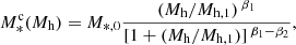 $$ \begin{aligned} M_*^\mathrm{c}(M_{\rm h}) = M_{*,0}\frac{(M_{\rm h}/M_{\rm h,1})\,^{\beta _1}}{[1+(M_{\rm h}/M_{\rm h,1})]\,^{\beta _1-\beta _2}}, \end{aligned} $$