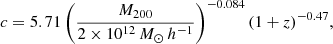 $$ \begin{aligned} c=5.71\left(\frac{M_{200}}{2\times 10^{12}\,{M}_\odot \,h^{-1}}\right)^{-0.084}(1+z)^{-0.47}, \end{aligned} $$