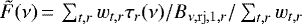 $\tilde{F}(\nu)\,{=}\,\sum_{t,r} w_{t,r} \BandPass_r(\nu)/B_{\nu,\mathrm{rj},1,r}/\sum_{t,r} w_{t,r}$