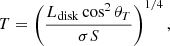 $$ \begin{aligned} T=\left( \frac{L_{\rm disk}\cos ^2\theta _T}{\sigma S} \right)^{1/4}, \end{aligned} $$
