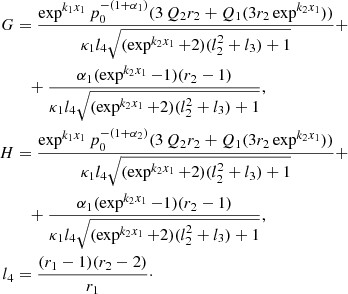 $$ \begin{aligned} G&= \frac{ \exp ^{k_{1}x_{1}} p_{0}^{-(1+\alpha _{1})} (3\, Q_{2}r_{2} + Q_{1} (3 r_{2} \exp ^{k_{2}x_{1}}) )}{\kappa _{1} l_{4} \sqrt{ (\exp ^{k_{2}x_{1}} + 2) (l_{2}^2 + l_{3})+1}}+\\&\quad + \frac{\alpha _{1} (\exp ^{k_{2} x_{1}} - 1) (r_{2}-1)}{\kappa _{1} l_{4} \sqrt{ (\exp ^{k_{2}x_{1}} + 2) (l_{2}^2 + l_{3})+1}} ,\\ H&= \frac{ \exp ^{k_{1}x_{1}} p_{0}^{-(1+\alpha _{2})} (3\, Q_{2}r_{2} + Q_{1} (3 r_{2} \exp ^{k_{2}x_{1}} ) )}{\kappa _{1} l_{4} \sqrt{ (\exp ^{k_{2}x_{1}} + 2) (l_{2}^2 + l_{3})+1}}+\\&\quad + \frac{\alpha _{1} (\exp ^{k_{2} x_{1}} - 1) (r_{2}-1)}{\kappa _{1} l_{4} \sqrt{ (\exp ^{k_{2}x_{1}} + 2) (l_{2}^2 + l_{3})+1}} ,\\ l_{4}&= \frac{(r_{1}-1)(r_{2}-2)}{r_{1}}\cdot \end{aligned} $$