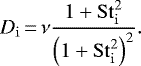 \begin{equation*} D_{\mathrm{i}}\,{=}\,\nu \frac{1 + \mathrm{St}_{\mathrm{i}}^2}{\left(1 + \mathrm{St}_{\mathrm{i}}^2 \right)^2}. \end{equation*}