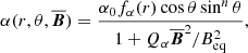 $$ \begin{aligned} \alpha (r,\theta ,{\overline{\boldsymbol{B}}}) = \frac{\alpha _0 f_\alpha (r)\cos \theta \sin ^n\theta }{1+Q_\alpha {\overline{\boldsymbol{B}}}^2/B_{\rm eq}^2}, \end{aligned} $$
