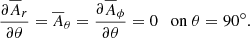 $$ \begin{aligned} {\partial \overline{A}_r\over \partial \theta } =\overline{A}_\theta ={\partial \overline{A}_\phi \over \partial \theta }=0 \quad \mathrm{on} \;\theta =90^{\circ }. \end{aligned} $$