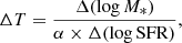 $$ \begin{aligned} \Delta T = \frac{\Delta (\log {M_*})}{\alpha \times \Delta (\log {\mathrm{SFR}})} \text{,} \end{aligned} $$