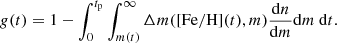 $$ \begin{aligned} g(t) = 1 - \int _0^{t_\mathrm{p} } \int _{m(t)}^\infty \Delta m(\mathrm{[Fe/H]} (t),m) \frac{\mathrm{d}n}{\mathrm{d}m} \mathrm{d}m \ \mathrm{d}t .\end{aligned} $$