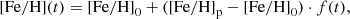 $$ \begin{aligned} \mathrm{[Fe/H]} (t) = \mathrm{[Fe/H]} _0 + (\mathrm{[Fe/H]} _\mathrm{p} -\mathrm{[Fe/H]} _0) \cdot f(t), \end{aligned} $$
