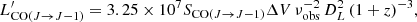 $$ \begin{aligned} L^{\prime }_{\mathrm{CO}(J\rightarrow J-1)}=3.25 \times 10^{7} S_{\mathrm{CO}(J\rightarrow J-1)} \Delta V \, \nu _\mathrm{obs} ^{-2} \, D_{L}^{2} \, (1+z)^{-3}, \end{aligned} $$