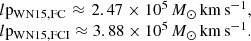$$ \begin{aligned} \begin{array}{@l} p_\mathrm{WN15,FC} \approx 2.47 \times 10^5 \,{M}_\odot \,\mathrm{km} \,\mathrm{s} ^{-1}, \\ p_\mathrm{WN15,FCI} \approx 3.88 \times 10^5 \,{M}_\odot \,\mathrm{km} \,\mathrm{s} ^{-1}. \\ \end{array} \end{aligned} $$