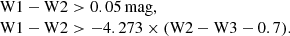 $$ \begin{aligned} \begin{array}{l} \mathrm{W1} -\mathrm{W2} > 0.05\,\mathrm{mag}, \\ \mathrm{W1} -\mathrm{W2} > - 4.273 \times (\mathrm{W2} -\mathrm{W3} - 0.7). \end{array} \end{aligned} $$