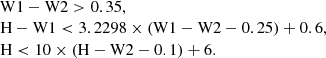 $$ \begin{aligned} \begin{array}{l} \mathrm{W1} -\mathrm{W2} > 0.35, \\ \mathrm{H} -\mathrm{W1} < 3.2298 \times (\mathrm{W1} -\mathrm{W2} - 0.25) + 0.6, \\ \mathrm{H} < 10 \times (\mathrm{H} -\mathrm{W2} - 0.1) + 6. \end{array} \end{aligned} $$