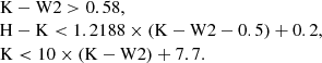$$ \begin{aligned} \begin{array}{l} \mathrm{K} -\mathrm{W2} > 0.58, \\ \mathrm{H} -\mathrm{K} < 1.2188 \times (\mathrm{K} -\mathrm{W2} - 0.5) + 0.2, \\ \mathrm{K} < 10 \times (\mathrm{K} -\mathrm{W2} ) + 7.7. \end{array} \end{aligned} $$