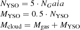$$ \begin{aligned} \begin{array}{l} N_\mathrm{YSO} = 5 \cdot N_ Gaia \\ M_\mathrm{YSO} = 0.5 \cdot N_\mathrm{YSO} \\ M_\mathrm{cloud} = M_\mathrm{gas} + M_\mathrm{YSO} \end{array} \end{aligned} $$