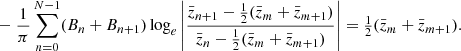 $$ \begin{aligned}&-\frac{1}{\pi }\sum _{n=0}^{N-1} (B_n+B_{n+1}) \log _e{\left| \frac{{\bar{z}}_{n+1}-\frac{1}{2}({\bar{z}}_m+{\bar{z}}_{m+1})}{{\bar{z}}_n-\frac{1}{2}({\bar{z}}_m+{\bar{z}}_{m+1})}\right|} = \textstyle {\frac{1}{2}}({\bar{z}}_m+{\bar{z}}_{m+1}). \nonumber \end{aligned} $$