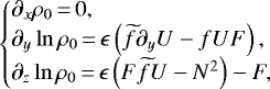 \begin{equation*}\left\{\begin{array}{@{\!\!\!\!\!\!}lll} &\partial_x{\rho_0}\,{=}\,0, \\ &\partial_y\ln{\rho_0}\,{=}\,\epsilon\left(\widetilde{f}\partial_y{U}-fUF\right),\\ &\partial_z\ln{\rho_0}\,{=}\,\epsilon\left(F\widetilde{f} U-N^2\right)-F, \end{array}\right.\end{equation*}